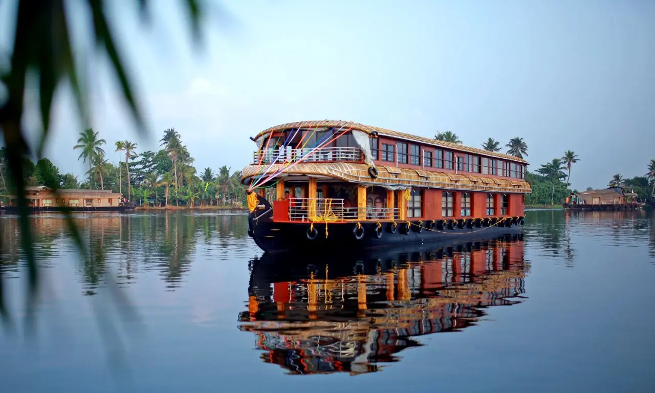 A traditional Kerala houseboat moored on calm backwater