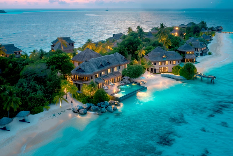 An aerial view of a beachfront resort on an island at twilight