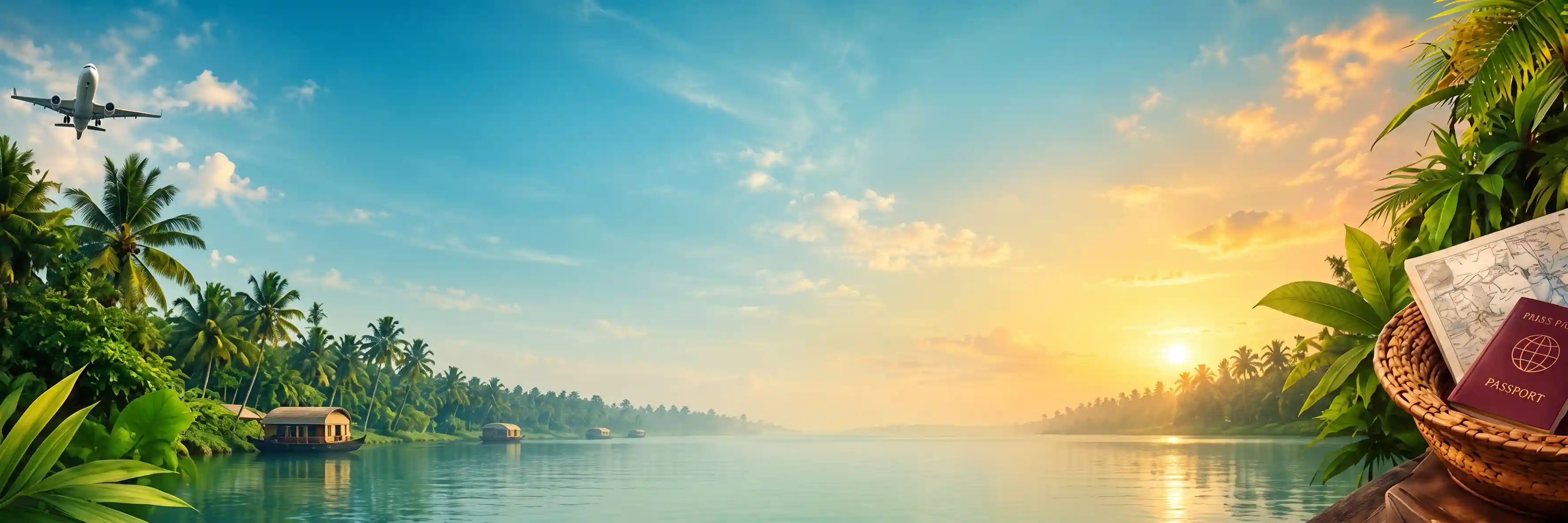 Traditional houseboats float on the calm backwaters at sunset with palms along the banks